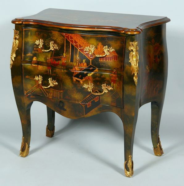 20th C. Maitland Smith Chest: 20th Century Maitland-Smith chinoiserie decorated chest, 31"h x 29 1/2"w x 17"d. Minor scuffs to front.