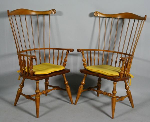 Pair of Windsor Comb High Back Chairs: Pair of Windsor comb high back maple arm chairs, 45"h x 27"w. Good condition.