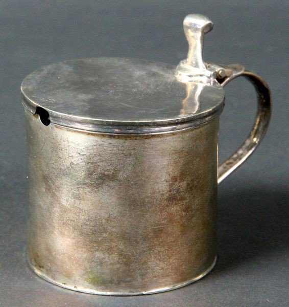 English Silver Mustard Pot: English silver mustard pot with cobalt liner, George III, 1764 by John Jacobs, hallmarked, with tag, 3"h, 4 troy oz. Provenance: The items offered are from the Estate of RICHARD ALFRED CHAMBERS, MD. D