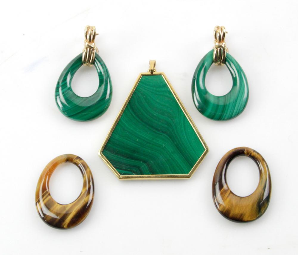 Malachite and Tiger Eye Jewelry: Malachite and tiger eye jewelry lot, 18k gold clasp on brooch, 14k gold clasp on earrings, brooch 2 1/4" x 2 1/4". Provenance: La Jolla, California collection.