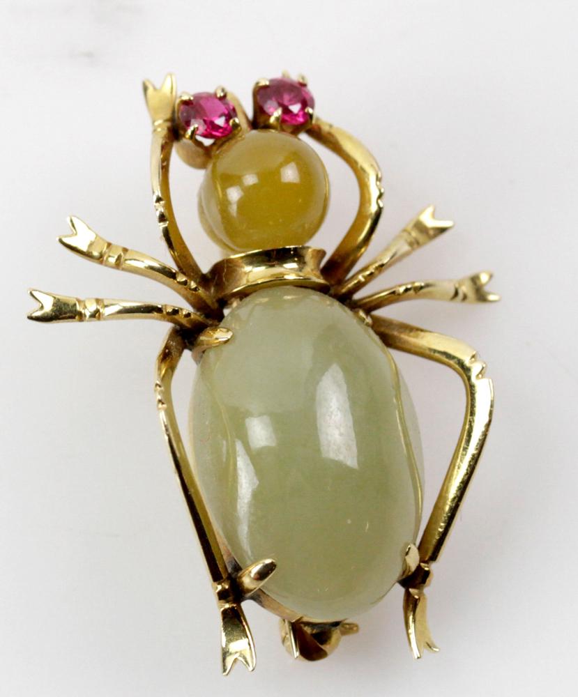 14k Gold Bug Pin: 14k gold bug pin, ruby eyes, 1 1/4" L, approximately 8 grams. Provenance: La Jolla, California collection. PLEASE NOTE: payment for silver, gold, jewelry, and coins must be made via wire transfer, cas