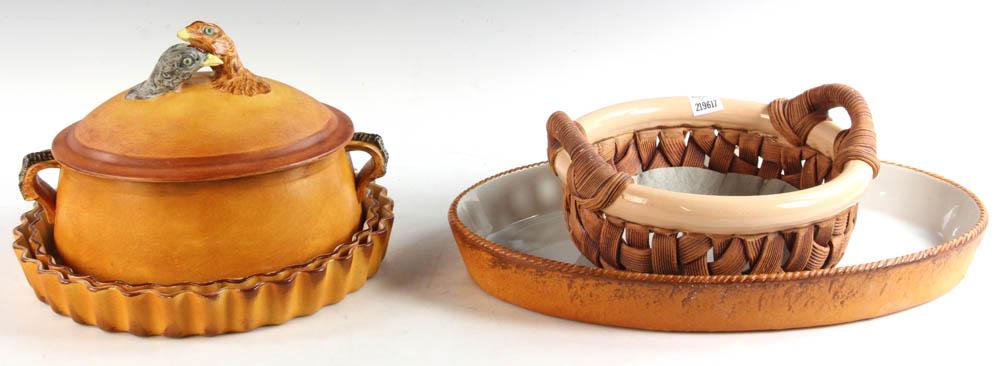 Group of Pottery Cookware: Pottery cookware, some French, to include: round bowl, basket design 10 1/4" handle-to-handle; oval baking dish 17" x 11"; oval covered casserole dish with figural chicken finial, 11 1/2" handle-to-ha