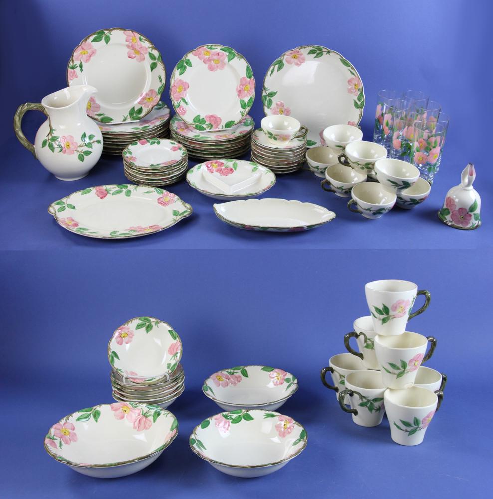 Franciscan Earthenware China Set with Matching Glasses: Franciscan Earthenware china set with matching glasses.