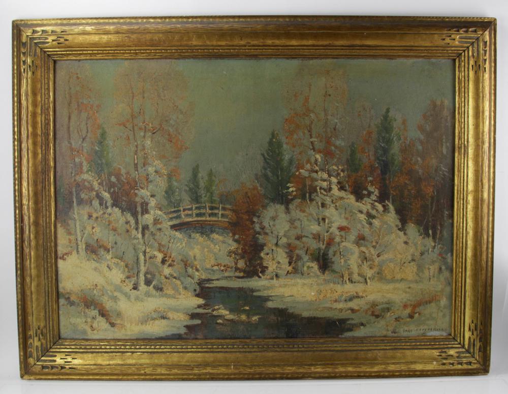 Ernest Fredericks, Winter Snow: Ernest Fredericks (American, 1877-1959), "Winter Snow", dated verso 1942, signed L/R, 27 1/2" x 39 1/4", framed 39 3/4" x 46 1/4". Provenance: Merrimac, Massachusetts collection.