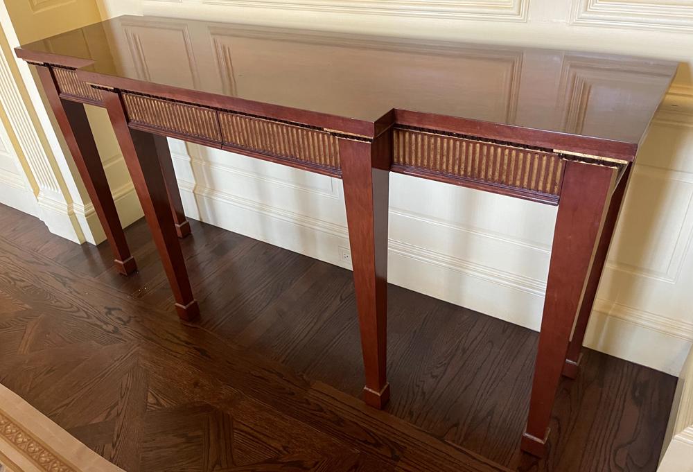 Neoclassical Style Solid Mahogany Console Table: Neoclassical-style solid mahogany console table, 36" H x 72" W x 21" D. Provenance: Wellesley, Massachusetts estate.