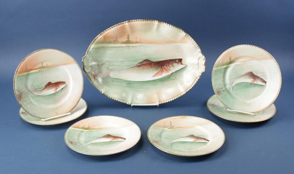 Set of Limoges Fish Plates: Set of Limoges fish plates, to include (6) plates and (1) platter (17").