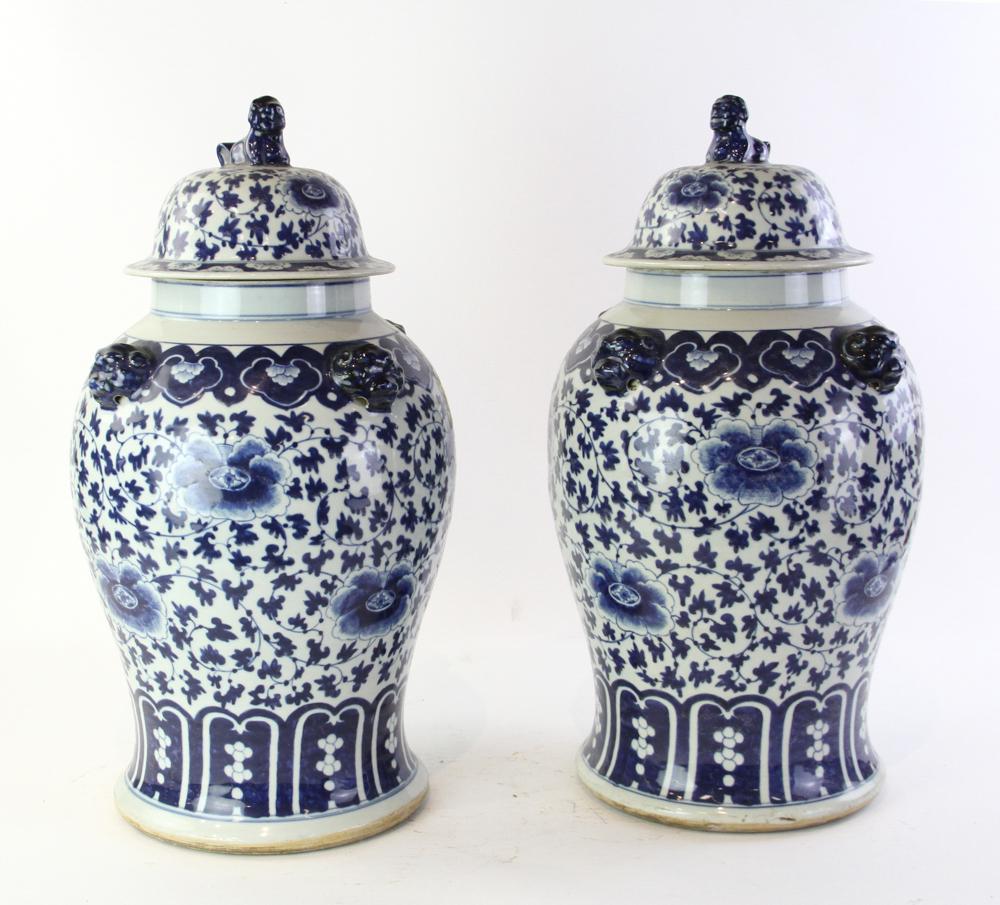 Covered Ginger Jars: Chinese blue and white covered pair of ginger jars, 19" x 10 1/2".