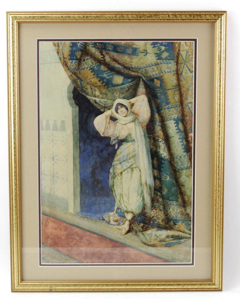 Middle Eastern Gypsy, Watercolor: Middle Eastern gypsy dancer, watercolor, 20" x 14", framed 25" x 19". Provenance: West Palm Beach, Florida estate.