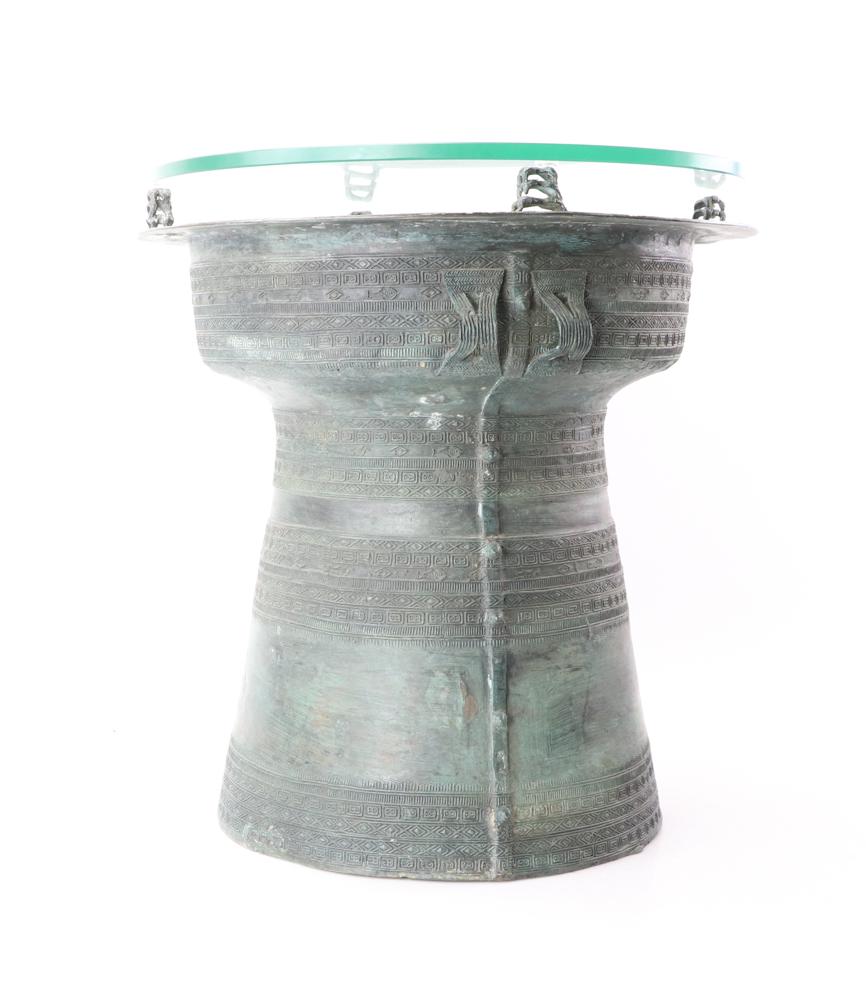 South Asian Style Bronze Drum: South Asian style bronze drum, 16"H.