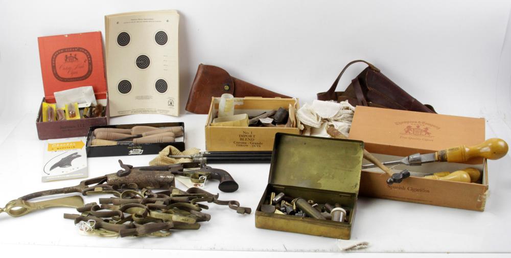Gun Parts, Stock Etching Tools, Cleaning Tools: Gun parts, to include tools for etching the stocks, gun cleaning tools, etc. Provenance: South Hamilton, Massachusetts estate.