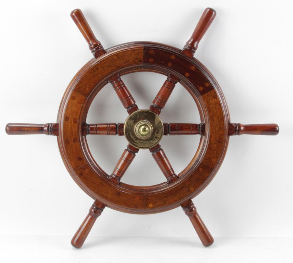 Ships Wheel, Mahogany and Brass: Ship's wheel, mahogany and brass, made Arthur Dion from Salem, Massachusetts, 25" diameter. Provenance: South Hamilton, Massachusetts estate.