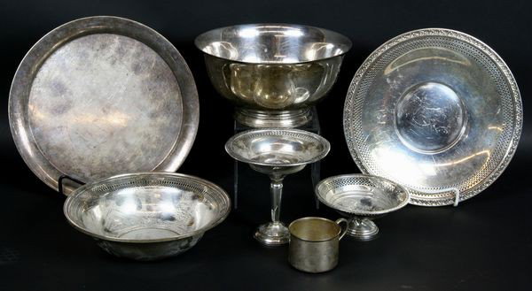 Lot of Sterling Silver Items: Lot of sterling silver items to include: exemplary Paul Revere style bowl, Reed & Barton baby mug monogrammed "EMP" with reinforced handle, tray, two (2) pierced edge bowls and two (2) weighted compac