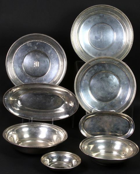 Sterling Lot: Set of eight (8) assorted small trays and bowls of various makers such as Watson, International, Randahl, Dominick & Haff and others, 10 3/4"dia, 53.3 troy oz t.w. Few dents, surface wear.