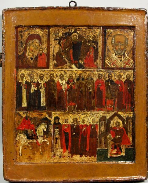 17th/18th C. Russian Icon: 17th/18th Century Russian icon in three registers, centered by the Resurrection and rows of Saints, oil on panel with gilt wood, 12" x 10". Provenance: from the estate of John Felopulos, Esq. Boston, 