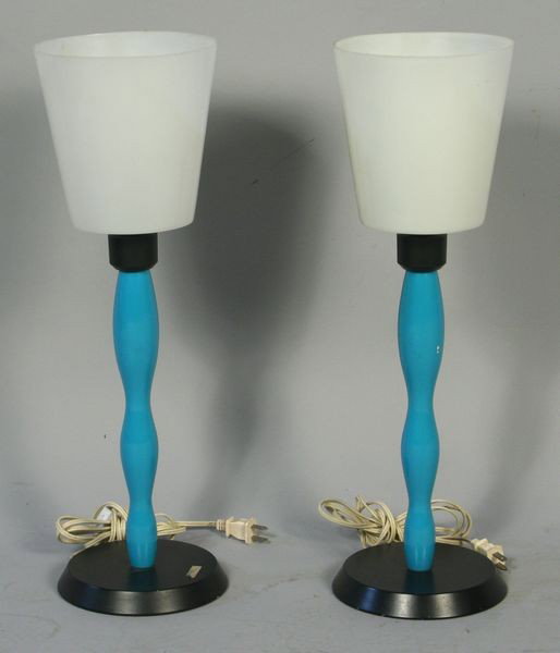Pair of Table Lamps: Pair of table lamps with plastic brasses and shades, 21 1/2"h x 7"dia of base. Residue and some minor damage to one base. Provenance: From the 20th Century Props lighting collection in Hollywood, C.A.
