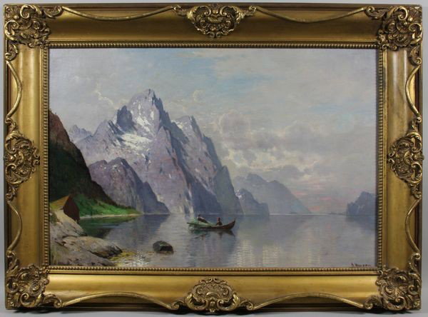 Niels Hansen, Mountain and Seascape, O/C: Niels Hansen (Danish, 1880-1946), mountain and seascape, o/c, signed lower right, 21" x 30 1/2" in gold carved frame measuring 27" x 37 1/2"w. Repaired and recently restored.