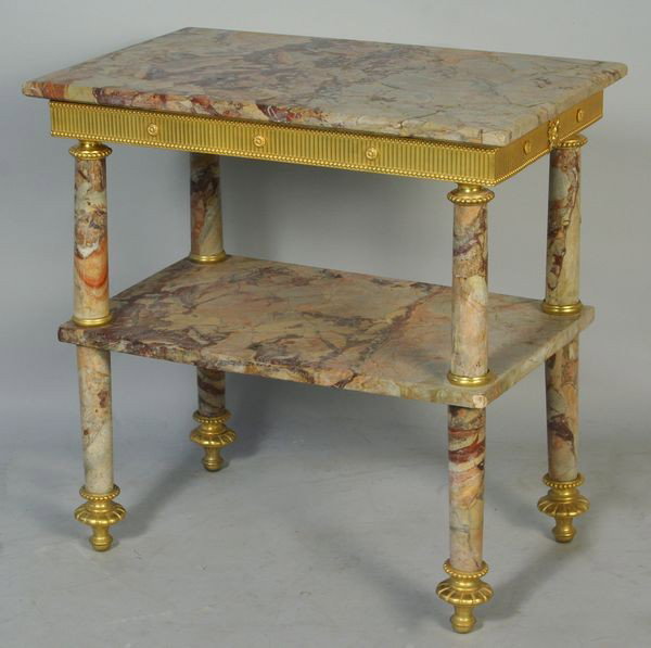 19th/Early 20th C. French Louis XIV Table: 19th/early 20th Century French Louis XIV style gilt bronze marble top table, 22 1/2"h x 22"w x 14"d. Some old restoration.