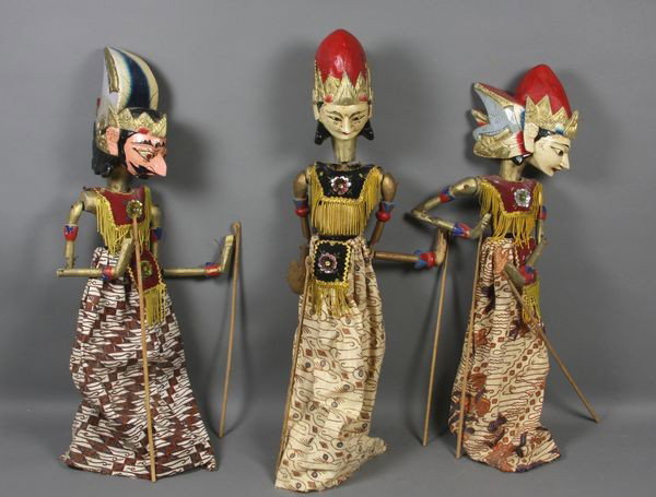 Group of (3) Carved Wood Indonesian Puppets: Group of three (3) carved wood Indonesian puppets, 22"h. Good condition.