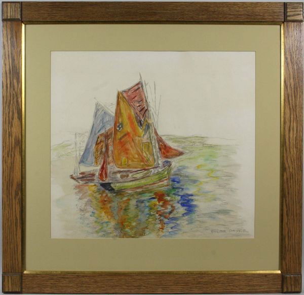 Edgar Payne Watercolor Pencil Drawing of Boats: Edgar Payne (American, 1882-1947) scene of sail boats, w/c and pencil drawing, signed lower right in pencil, 19 1/2" x 21", in oak frame that measures 30" x 31". Good condition.