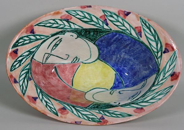 Andrea Gill Ovoid Bowl: Andrea Gill ovoid bowl with figures, signed exterior lower edge "A. Gill", leaf pattern on exterior, 7"h x 13"w x 18 1/2"d. Good condition, undamaged.