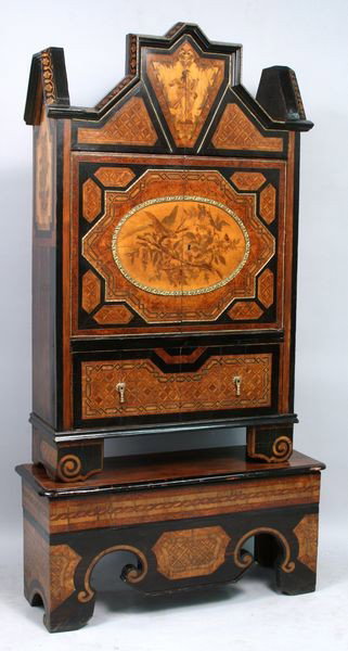 19th C. continental inlay desk on base: 19th Century continental inlay desk on base, 60" h. x 37 1/2" w. x 12" d., good condition. Provenance: Robert O. Peterson Estate, San Diego, CA.