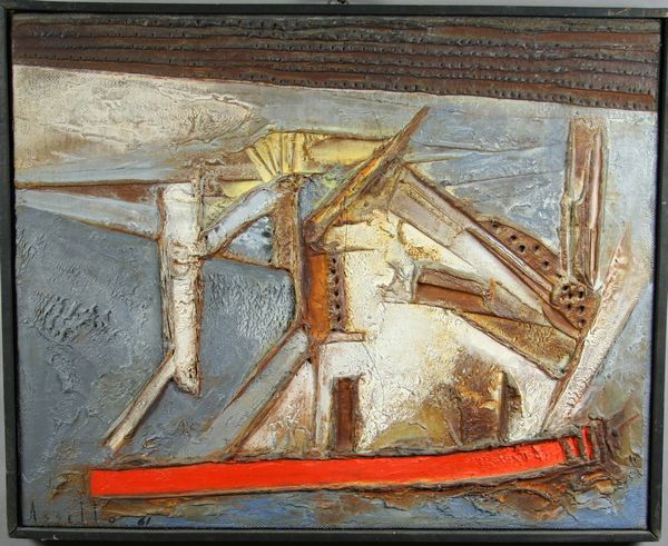 Franco Assetto, Structures VII, Mixed Media: Franco Assetto (Italian, 1911-1991), "Structures VII", oil and mixed media on canvas, signed LL and dated '61, 16" x 19 1/4", in frame 16 1/2" x 20 3/8". Good condition.