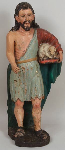18th C. Carved and Polychrome Santos Figure: 18th Century carved and polychrome wood santos figure, St. John carrying lamb, 18 3/4"h x 7 1/2"w x 5"d (at base).
