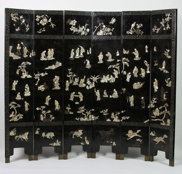 Lacquered Six-Panel Screen: Lacquered Six-Panel Screen, China, 19th century, with ivory and mother-of-pearl inlay depicting birds, monks in a garden, flowers, and animals in three tiers on one side; the reverse shows painted bir