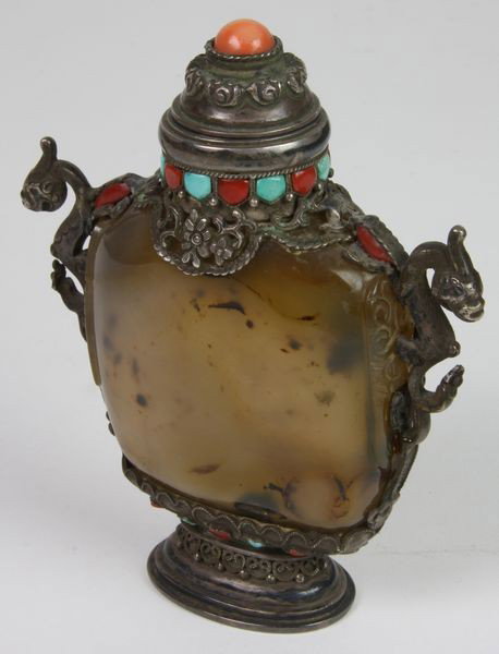 Agate Snuff Bottle: Agate Snuff Bottle, Mongolia, 19th century, square form, silver mount and stopper inlaid with coral and turquoise, 4 3/4" high.