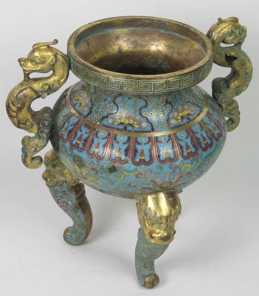 Cloisonné Censer: Cloisonné Censer, China, 18th century, with gilt rim, twin chi dragon-form handles, and foo dog-form tripod feet, 9 1/2" high, some enamel loss and minor holes.