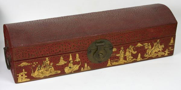 Leather and Gilt Scholar's Box: Leather and Gilt Scholar's Box, China, 19th century, gilt with figures of The Eight Immortals of Daoism on the front and bat motifs on both ends, bronze hinges and handles, 5" high x 17 1/4" wide x 5"