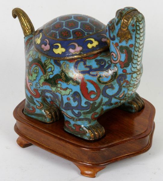 Cloisonné Censer: Cloisonné Censer, China, 19th century, in the form of a turtle with enameled chi dragon amid clouds, gilt rim, tail, mouth and foot, on a custom-fit wooden base, 3 5/8" high x 4 5/8" wide x 2 3/4" de
