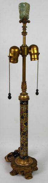 Cloisonné Lamp with Jade Finial: Cloisonné Lamp with Jade Finial, Chinese, 19th century, cylinder form, enameled with floral motifs on yellow background, jade finial with fish and cash coin design, 36 1/2" high.