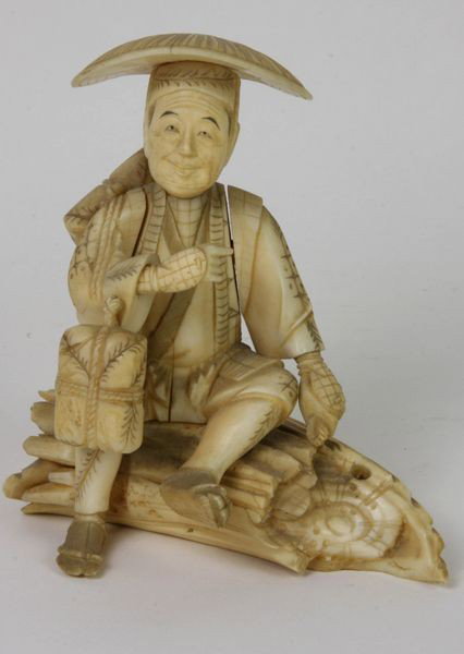 Hand-Carved Ivory Figure: Hand-Carved Ivory Figure, Japan, 19th century, of a seated farmer, signed on base, 4 1/2" high x 4" wide, undamaged.