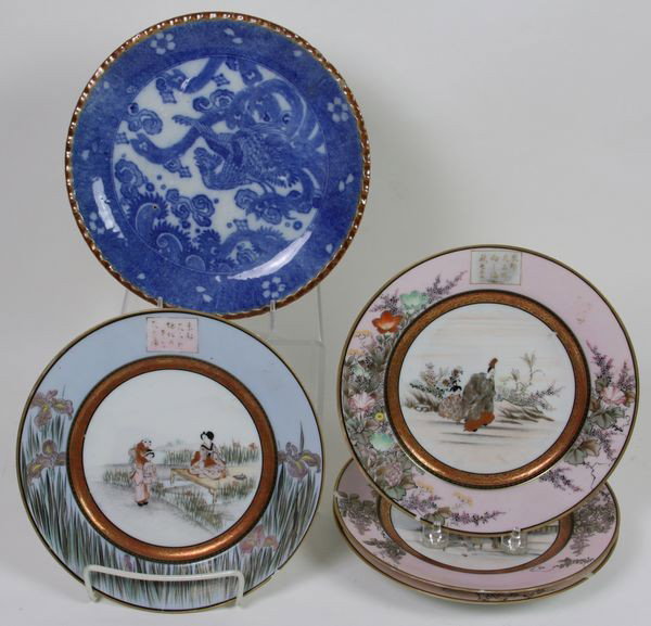Five Imari and Blue and White Porcelain Plates: Five Imari and Blue and White Porcelain Plates, Japan, largest is 8 1/2" diameter, signed on back, minor chips.