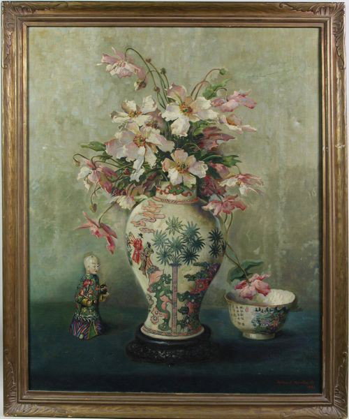 Newton, Still Life, O/C: Richard Newton Jr., still life of Chinese porcelain and flowers, oil on canvas, 1933, 36" x 29" (sight), 41" x 33 1/2" (frame).