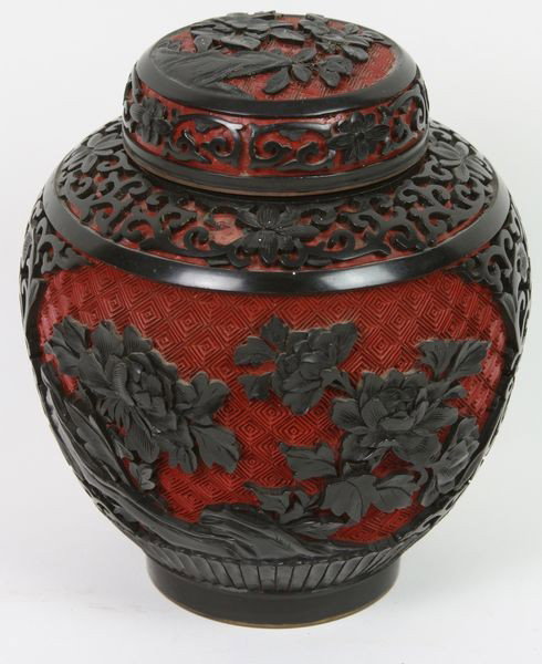 Cinnabar Jar: Cinnabar Jar, China, early 20th century, with carved and painted black flower over a red ground, 6 1/2" high x 5" diameter.