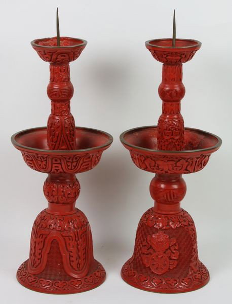 Pair of Cinnabar Candle Holders: Pair of Cinnabar Candle Holders, China, early 20th century, with carved floral design, 17 1/2" high, undamaged.