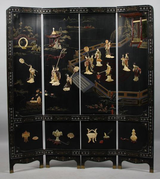 Four-Panel Folding Screen: Four-Panel Folding Screen, China, early 20th century, inlaid with figures of men and woman in a garden, 17 3/4" high x 15" wide (each panel), undamaged.