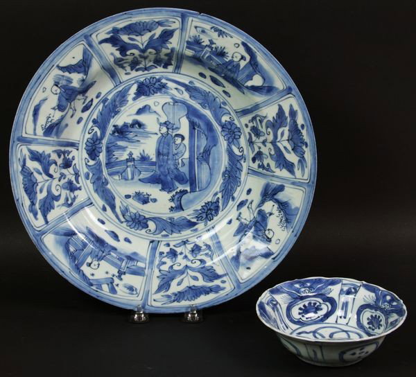 Blue and White Porcelain Plate and Bowl: Blue and White Porcelain Plate and Bowl, China, Kangxi period (1662-1722), plate is 12 1/2" diameter, bowl is 1 3/4" high x 5 3/4" diameter, minor chips on rim of plate.