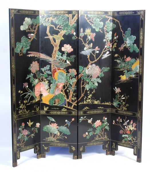 Early 20th C. Chinese Screen: Early 20th Century Chinese black lacquer four (4) panel coromandel screen with bird and floral decoration, having jade, quartz and other hard stones, each panel is 18 1/8"w x 72"h. Good condition.