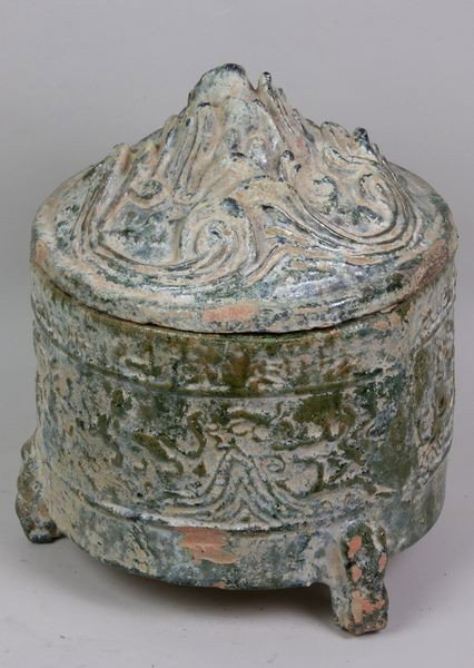Korean Hill Jar with Cover: Korean Hill Jar with Cover, China, Han Dynasty, light grey-green glaze, 10 1/2" high x 8" diameter, old repairs and a few chips.