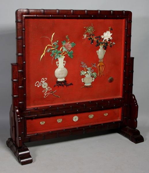 Cinnabar Display Plaque: Cinnabar Display Plaque, China, early 20th century, inlaid with jade and agate on one side, carved bone on the other, 54 1/4" high x 52 1/4" wide x 20" deep (base), 2 3/4" deep (panel).