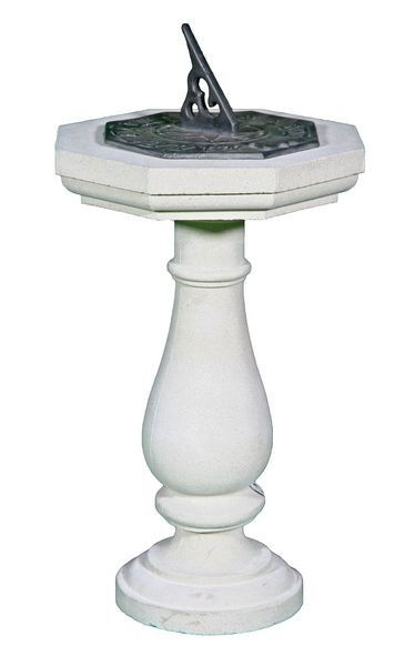 Dry Cast Limestone Pedestal with Sundial: Dry cast limestone baluster form pedestal with English lead sundial, 23" high x 15" wide, approximately 75 lbs total. Undamaged.