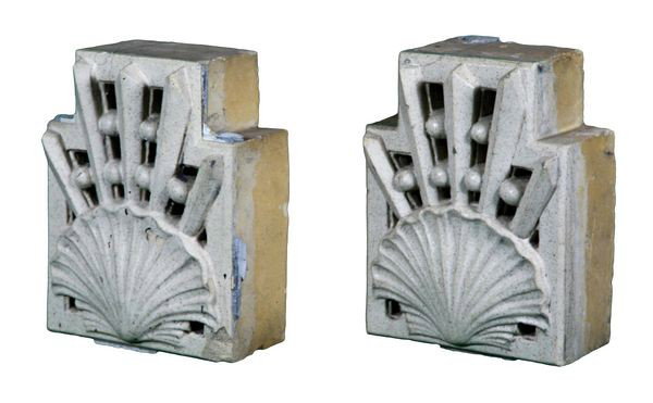Pair of Antique Art Deco Architectural Blocks: Pair of antique Art Deco style American glazed stoneware architectural blocks with shell design, 12 1/2" high x 9" wide x 4 1/2" deep, approximately 20 lbs total. Good condition. Provenance: sourced f