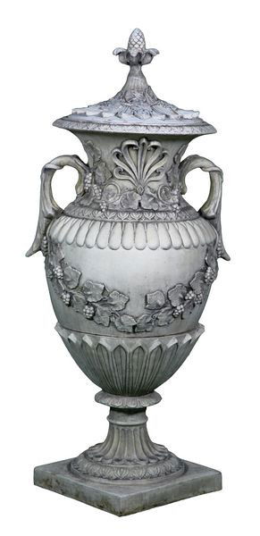 Monumental English Urn with Lid: Monumental English ornate urn with grapevine swags on body under a flowering lid with pineapple finial and detailed neck flanked by twin foliate handles, on low plinth, 62 1/2" high x 18" square (base