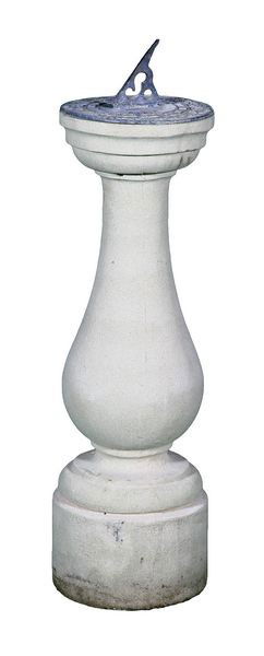 English Pedestal and Sundial: English dry cast limestone baluster form pedestal with English lead sundial with oak leaf design on face, 35 1/2" high x 11" diameter, approximately 160 lbs total. Undamaged.