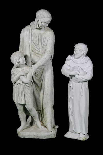 Two (2) Concrete Statues: Two (2) concrete statues, one (1) of Roman woman and child, one (1) of St. Francis, larger is 43" high x 15" wide x 17" deep, smaller is 31" high x 11" wide x 8" deep, approximately 400 lbs total. Und