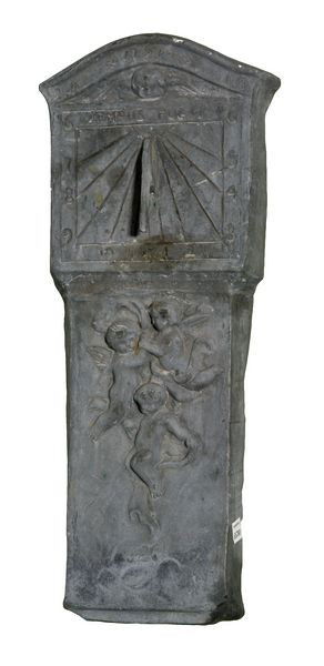 English Lead Wall Sundial: English lead wall sundial with group of cherubs below gnomon, inscribed "Tempust Fugit, 1774," 28" high x 10" wide x 2 1/2" deep, approximately 75 lbs. Undamaged. Provenance: H. Crowther Foundry, Lond