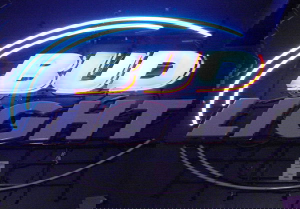 BUD LIGHT NEON SIGN: Neon Bud Light sign, 31 1/2" h. x 47 1/2" w. Only partially lights.